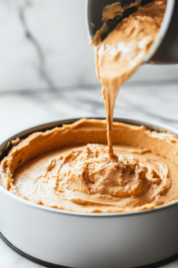 "A third of the cheesecake batter being poured over the carrot cake layer in the pan."