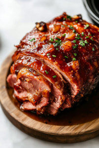 A close-up shot of the fully cooked, caramelized spiral-cut ham being lifted from the black crockpot onto a wooden serving platter on the white marble cooktop. The rich brown sugar glaze drips down the sides, creating a beautifully golden-brown crust.