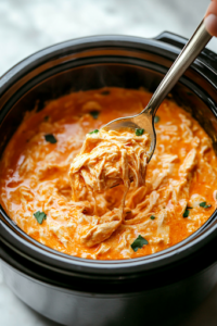 A black crockpot on a white marble cooktop, with a spoon lifting the creamy, melted Buffalo chicken dip. Strands of shredded chicken stretch from the spoon, coated in a spicy Buffalo sauce and gooey cheese, showing its irresistible texture.