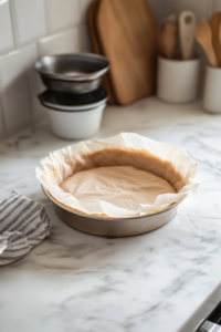 Close-up shot of a 9-inch springform pan lined with parchment paper on the white marble cooktop. The edges of the parchment neatly extend beyond the sides for easy removal.