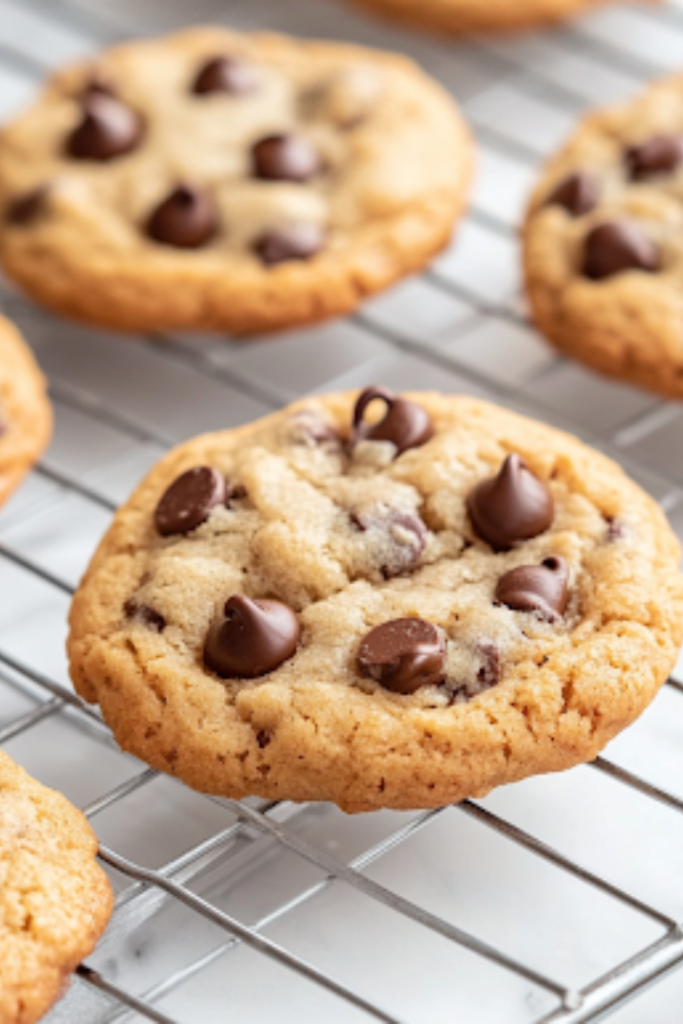 A close-up shot of freshly baked cookies cooling on a wire rack over the white marble cooktop. The golden-brown cookies are studded with melted chocolate chips, with a crisp outer layer and soft center, ready to be enjoyed.