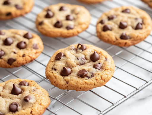 A close-up shot of freshly baked cookies cooling on a wire rack over the white marble cooktop. The golden-brown cookies are studded with melted chocolate chips, with a crisp outer layer and soft center, ready to be enjoyed.