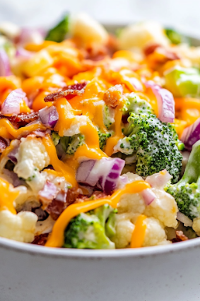 A serving of broccoli cauliflower salad sits in a white ceramic bowl on the white marble cooktop. The vibrant colors of the fresh vegetables, crispy bacon, and creamy dressing make it look appetizing and ready to enjoy.
