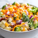 A serving of broccoli cauliflower salad sits in a white ceramic bowl on the white marble cooktop. The vibrant colors of the fresh vegetables, crispy bacon, and creamy dressing make it look appetizing and ready to enjoy.
