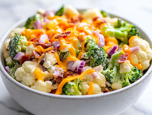 A serving of broccoli cauliflower salad sits in a white ceramic bowl on the white marble cooktop. The vibrant colors of the fresh vegetables, crispy bacon, and creamy dressing make it look appetizing and ready to enjoy.