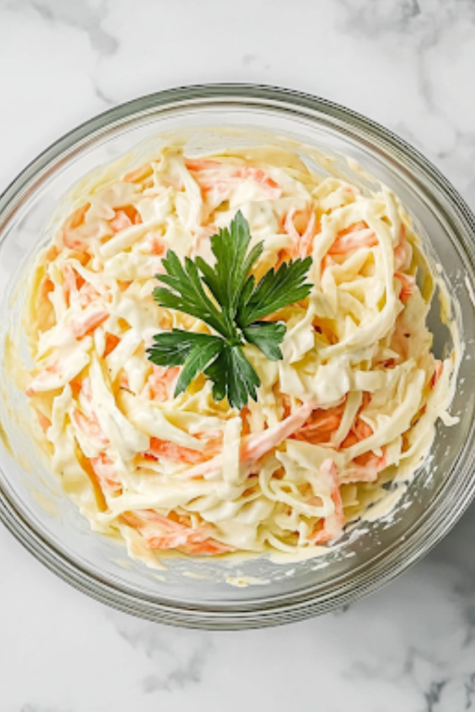 A close-up shot of the completed Keto Coleslaw in a large glass mixing bowl on a white marble cooktop. The creamy dressing has evenly coated the vibrant shredded vegetables, with a sprig of fresh parsley garnishing the top, ready to be served.