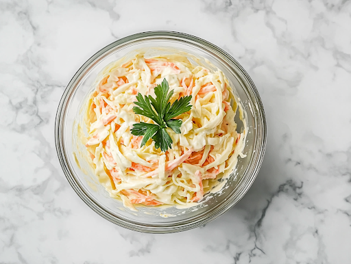 A close-up shot of the completed Keto Coleslaw in a large glass mixing bowl on a white marble cooktop. The creamy dressing has evenly coated the vibrant shredded vegetables, with a sprig of fresh parsley garnishing the top, ready to be served.
