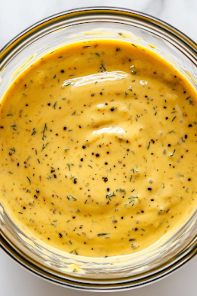 The freshly prepared Thousand Island dressing being transferred into an airtight glass container over the white marble cooktop, ready to be stored in the fridge for future use.