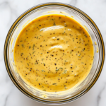 The freshly prepared Thousand Island dressing being transferred into an airtight glass container over the white marble cooktop, ready to be stored in the fridge for future use.
