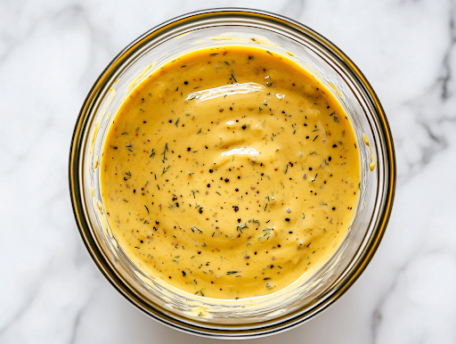The freshly prepared Thousand Island dressing being transferred into an airtight glass container over the white marble cooktop, ready to be stored in the fridge for future use.