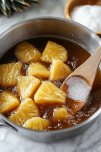 Close-up shot of a saucepan on the stove, with pineapple chunks, brown sugar, and pineapple juice simmering together to create a syrupy consistency, with cornstarch slurry being added.