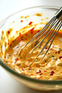 A glass mixing bowl on the kitchen counter, filled with a creamy, orange-tinted sauce made from mayonnaise, Thai sweet chili sauce, lime juice, and Sriracha. A whisk is partially submerged in the sauce.