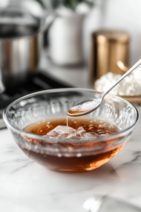 Close-up shot of a bowl with whipped cream ingredients being beaten, with a small bowl of dissolved gelatin mixture ready to be added to the whipped cream for stiff peaks.