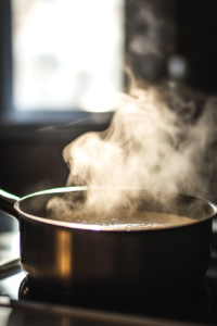 A saucepan on a white marble cooktop with coconut milk, half-and-half, sugar, and salt whisked together over medium heat. Steam rises gently as the mixture begins to boil.