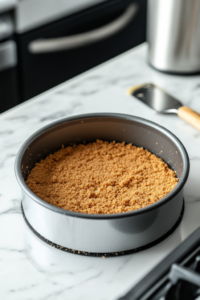 Close-up shot of a 9-inch springform pan lined with parchment paper, with graham cracker crumbs mixed with melted butter pressed into the bottom, ready to be baked.