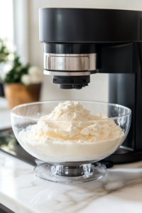Close-up shot of sour cream and vanilla extract being added to the cream cheese mixture in a glass mixing bowl, creating a creamy filling
