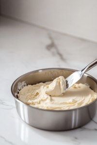 Spreading the cheesecake filling evenly over the chilled graham cracker crust in the springform pan.