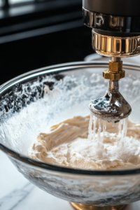 A mixing bowl with softened cream cheese and sugar being beaten together until creamy and smooth
