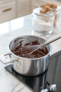 Nutella being stirred into the warm cream, creating a smooth and glossy chocolate glaze