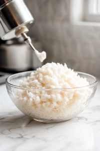 Close-up shot of a glass mixing bowl on the white marble cooktop, filled with aquafaba being whipped into soft peaks. A hand mixer is gradually adding sugar, forming glossy, stiff peaks in the fluffy meringue