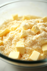 Close-up shot of a large glass mixing bowl on the white marble cooktop, filled with plain flour, sifted icing sugar, and a pinch of salt. Dairy-free butter is cut into small cubes and rubbed into the mixture by hand, creating a crumbly breadcrumb-like texture. A teaspoon of cold water is ready to be added.