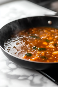 Close-up shot of the black skillet on the white marble cooktop, with vegetable stock and Sriracha being poured into the pan, creating a bubbling sauce as it begins to reduce slightly