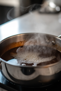 Close-up shot of a saucepan on a white marble countertop, with water, sugar, cornstarch, and butter being whisked together over medium heat. Steam rises as the mixture thickens into a smooth, glossy sauce.