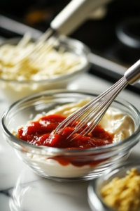 A third glass mixing bowl on a white marble cooktop, filled with mayonnaise, Sriracha, lime juice, rice vinegar, garlic powder, soy sauce, granular sweetener, and ginger paste. A small whisk is blending the sauce into a smooth, creamy consistency
