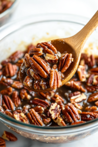 A small bowl filled with chopped pecans mixed with melted butter and brown sugar. A wooden spoon is lifting a spoonful of the sticky mixture.