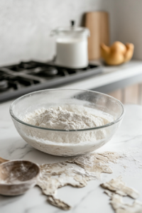 A glass mixing bowl on a white marble cooktop with flour, salt, oil, and milk being mixed by hand. The dough is in the early stages, slightly crumbly, and coming together.