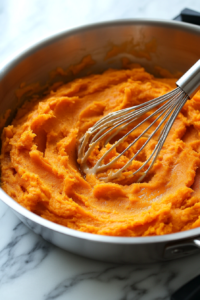 A large mixing bowl filled with smooth, mashed sweet potatoes. A whisk is halfway submerged as warm spices and light cream are being stirred in. A small dish of cinnamon and cloves sits nearby.