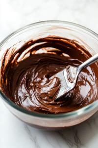 A close-up shot of a glass mixing bowl on the white marble cooktop, filled with melted butter, cocoa powder, powdered sugar, milk, and vanilla extract. A spatula is folding everything together, creating a smooth, creamy chocolate frosting.