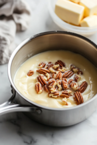 "Sugar and butter melting in a saucepan with chopped pecans being stirred in for caramelization."