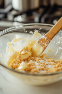 Close-up shot of a mixing bowl with graham cracker crumbs, melted butter, and sugar being mixed together, forming a sandy, crumbly texture