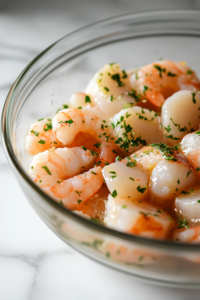 Raw shrimp and scallops in a glass mixing bowl on a white marble cooktop, glistening as they soak up the citrus marinade. The seafood is evenly coated, enhancing its flavor before grilling.