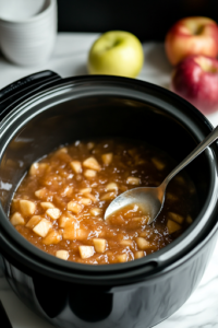 A close-up shot of a spoon mashing the tender apples inside the black slow cooker on the white marble cooktop. The mixture transforms into a thick, velvety applesauce, rich in texture and warm spices.