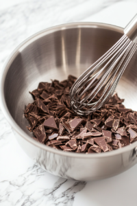 Close-up shot of finely chopped vegan dark chocolate being stirred into the thickened soy milk mixture in a stainless steel saucepan on the white marble cooktop. A whisk swirls the chocolate into the filling, creating a silky, rich texture with a glossy sheen.