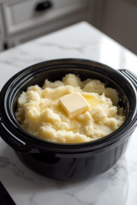 A close-up shot of the black slow cooker on the white marble cooktop, with a stick of butter melting over the tender potatoes. The remaining milk and cream mixture is being poured in, getting ready for the mashing process.