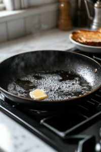 A black skillet on a white marble cooktop, with butter melting and bubbling slightly. The golden butter coats the surface, creating the perfect base for grilling the sandwiches to crispy perfection.