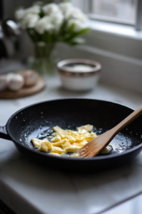 A close-up shot of a black skillet placed on a white marble cooktop as golden butter melts and sizzles, creating a glossy sheen. A wooden spatula rests on the side, ready to stir, while the rich aroma of butter fills the air.