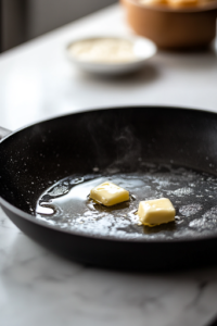 A close-up shot of a black skillet over a white marble cooktop, with butter melting and gently sizzling. A wooden spoon rests on the side, ready for stirring, as the butter starts to bubble and coat the pan.