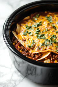 A black crockpot on a white marble cooktop with a fresh layer of shredded cheese melting on top of the casserole after slow cooking for four hours. The cheese looks golden and gooey, giving the dish an irresistible finish.