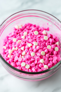 A glass bowl with pink frosting and white chocolate chips melting in the microwave, being stirred with a spoon.