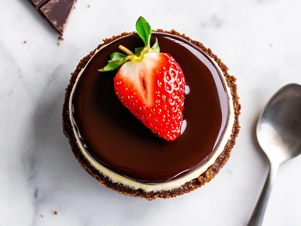 A mini strawberry cheesecake topped with a glossy chocolate ganache layer and a fresh strawberry. The cheesecakes are arranged neatly on a serving plate.