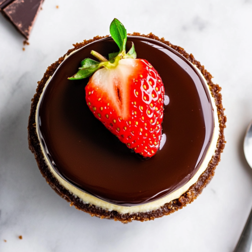 A mini strawberry cheesecake topped with a glossy chocolate ganache layer and a fresh strawberry. The cheesecakes are arranged neatly on a serving plate.