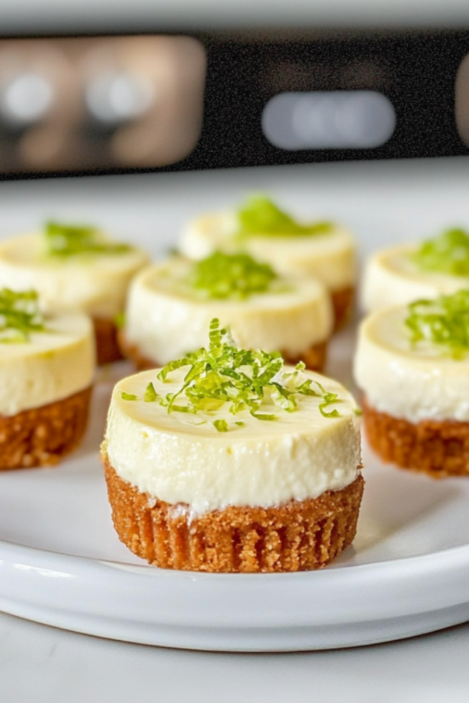 Finished mini key lime cheesecakes on a serving plate, garnished with lime zest.