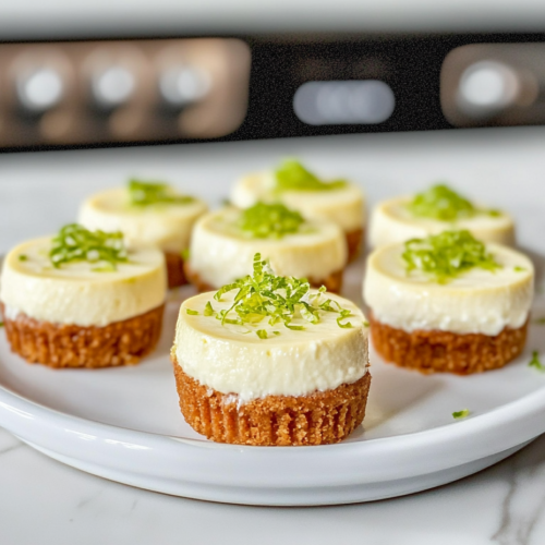 Muffin tin with mini cheesecakes baking in the oven, tops beginning to set.