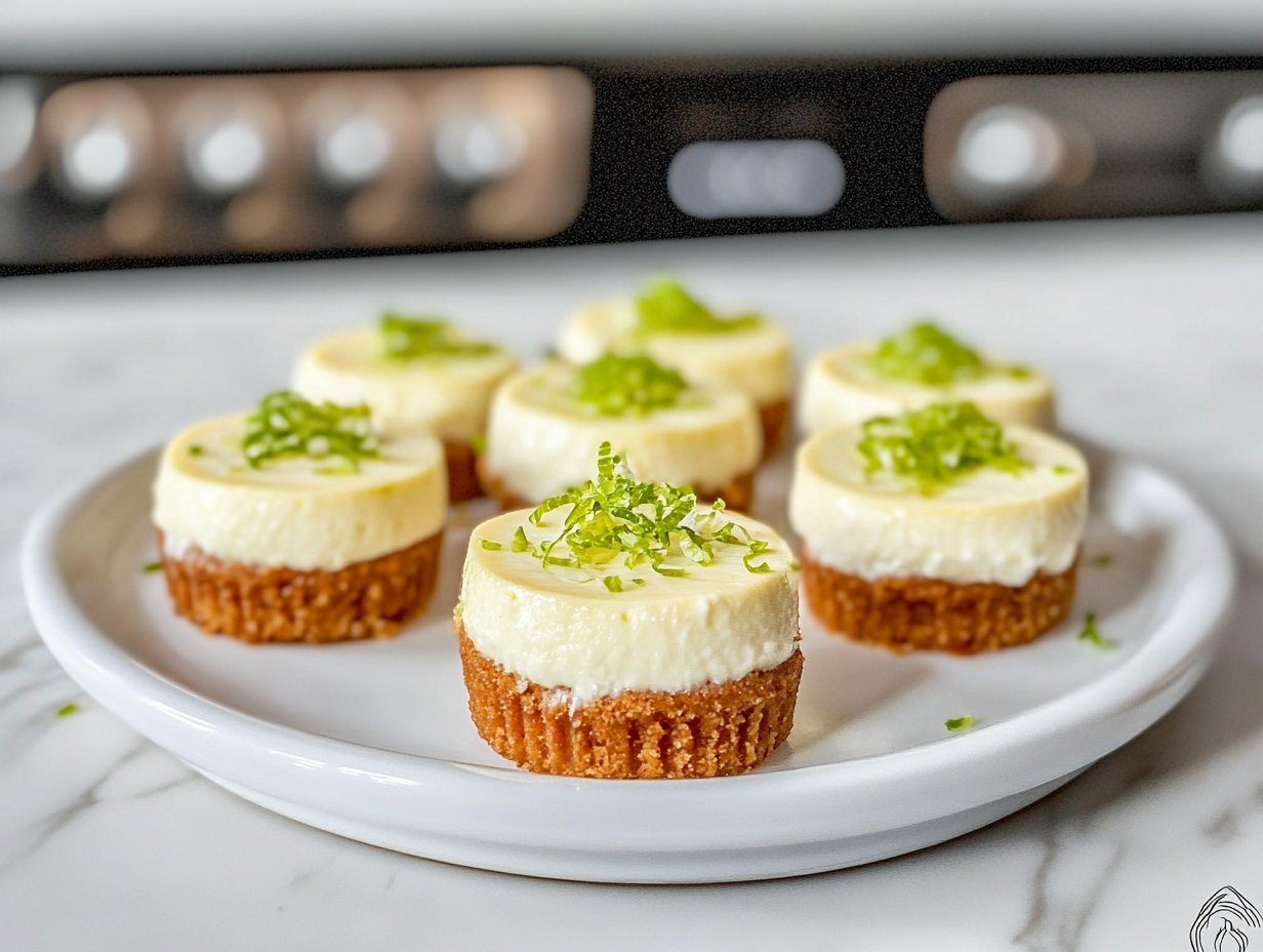 Muffin tin with mini cheesecakes baking in the oven, tops beginning to set.