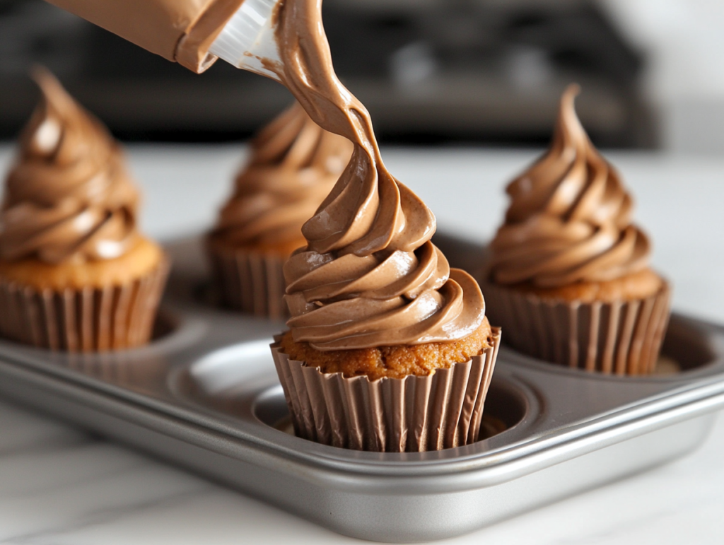 A close-up shot of a piping bag filled with chocolate whipped cream, being swirled on top of each mini cheesecake.