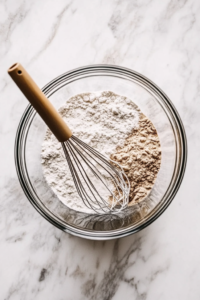A mixing bowl with flour, baking powder, and salt whisked together for an even blend